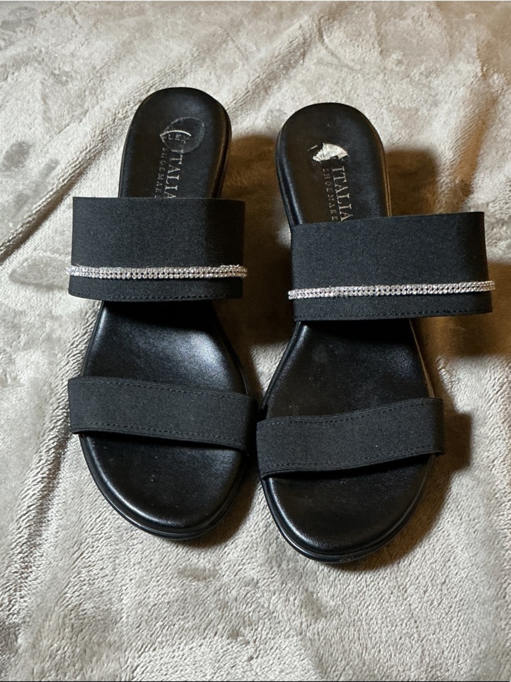 Italina Black Slide Sandals with Crystal Trim